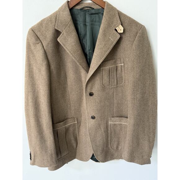 Roberto Verino Mens Wool Cashmere Jacket Size 52 Brown Herringbone Elbow Patches - Picture 1 of 16